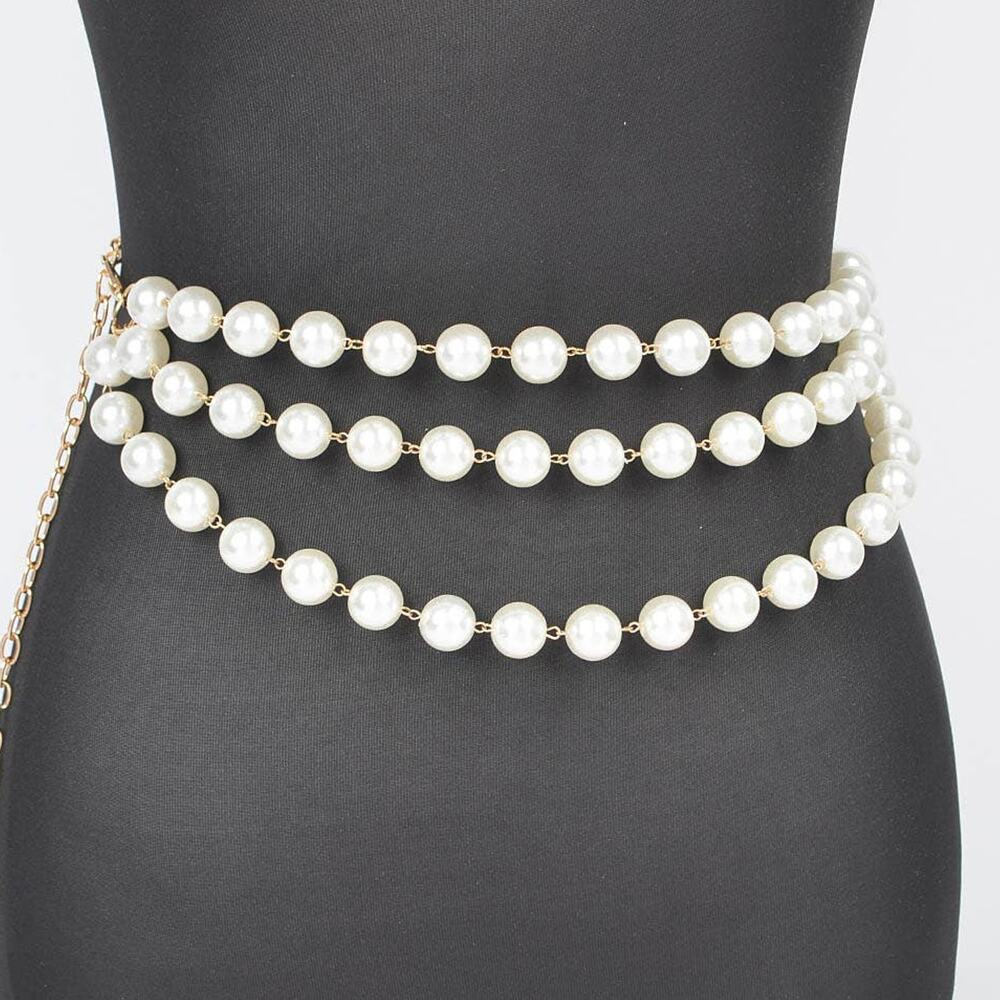 Cream Silver Multi Layered Faux Pearl Chain Belt